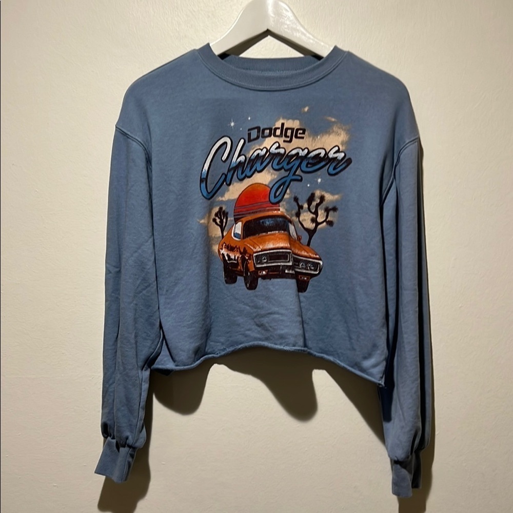Dodge Blue Crew Cropped Neck Sweater with Graphic Design Size Medium